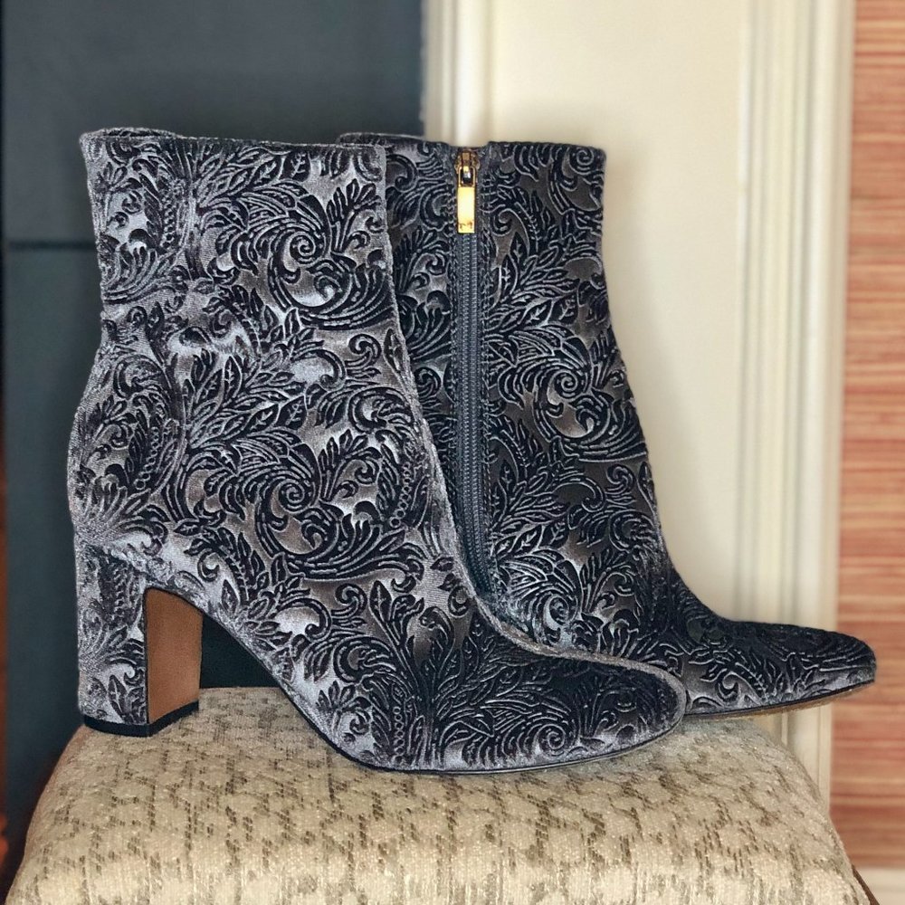Mark Fisher size 7 booties, Velvet with Leather Sole, Grey/Blue Color